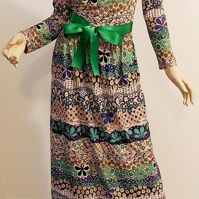 Vtg 1960s Montgomery Ward Maxi Paisley  dress Sash Belt