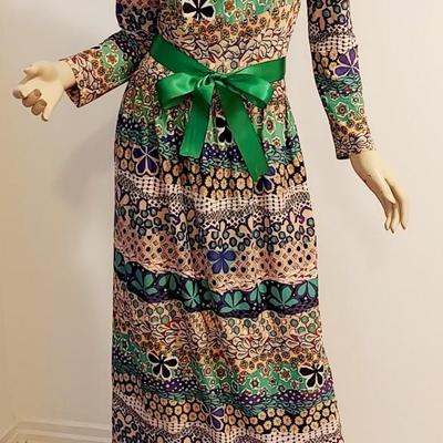 Vtg 1960s Montgomery Ward Maxi Paisley  dress Sash Belt