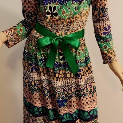 Vtg 1960s Montgomery Ward Maxi Paisley  dress Sash Belt