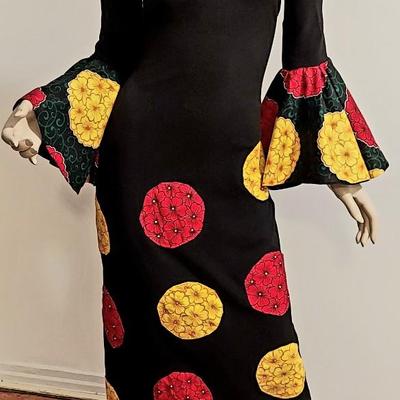 Vtg 70s Victor Costa OOAK Maxi dress Floral Chambray  AppliquÃ©s