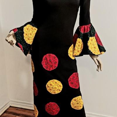 Vtg 70s Victor Costa OOAK Maxi dress Floral Chambray  AppliquÃ©s