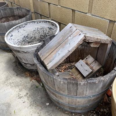 Lot of Wood and Faux Wood Whiskey Half Barrel Planters