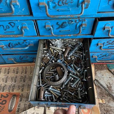 Vintage Blue Painted Metal Multi Drawer Hardware Organizer Cabinet
