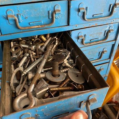 Vintage Blue Painted Metal Multi Drawer Hardware Organizer Cabinet