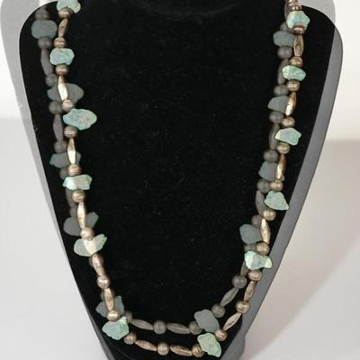 SILVER BEAD / BALL AND ENLONGATED W/ TURQUOISE NUGGETS