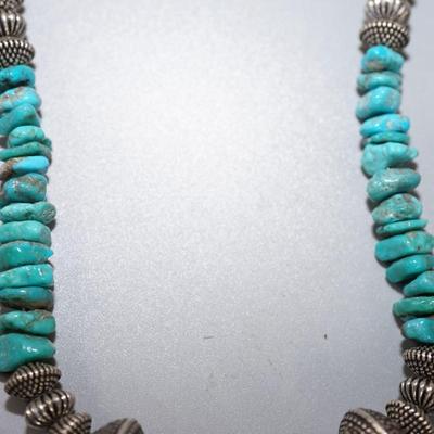 TURQUOISE CHUNK/ SILVER TONE BEADS AND CLAM SHELL NECKLACE