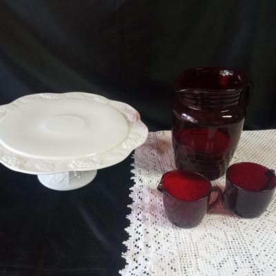 MILK GLASS CAKE PLATE AND RUBY RED GLASS PITCHER W/CREAM & SUGAR SET