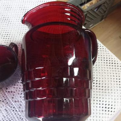MILK GLASS CAKE PLATE AND RUBY RED GLASS PITCHER W/CREAM & SUGAR SET