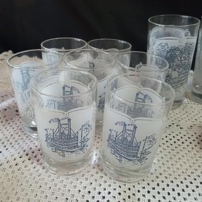 CURRIER AND IVES DRINKING GLASSES AND BUTTER DISH