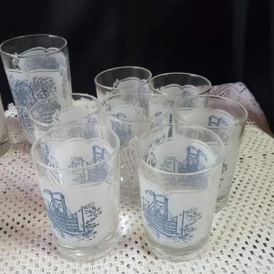 CURRIER AND IVES DRINKING GLASSES AND BUTTER DISH
