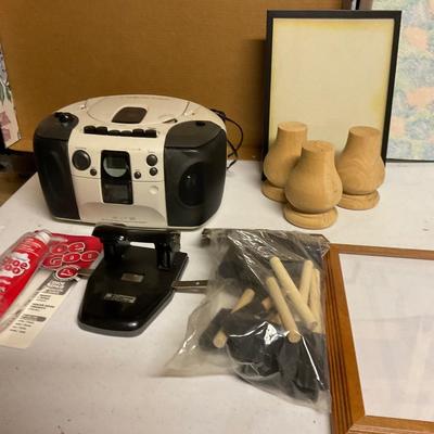 Magnavox CD Player, Paint Brushes, Two Hole Puncher And More