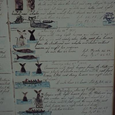 FRAMED PAGE OF A WHALERS DIARY. REPRODUCTION PRINT. FOLK ART STYLE FRAMED