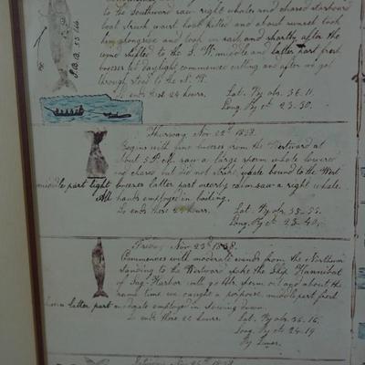 FRAMED PAGE OF A WHALERS DIARY. REPRODUCTION PRINT. FOLK ART STYLE FRAMED
