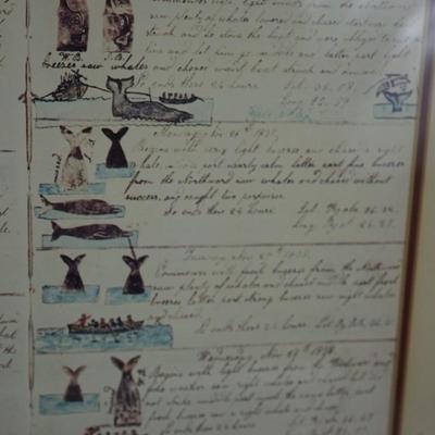 FRAMED PAGE OF A WHALERS DIARY. REPRODUCTION PRINT. FOLK ART STYLE FRAMED