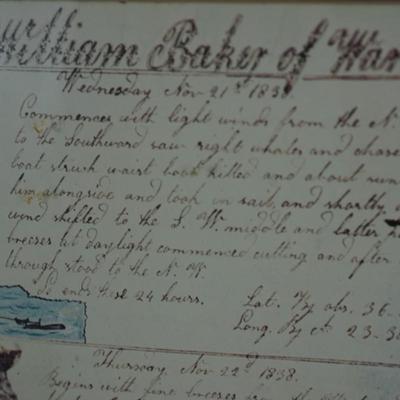 FRAMED PAGE OF A WHALERS DIARY. REPRODUCTION PRINT. FOLK ART STYLE FRAMED