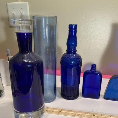 Huge Lot of Cobalt Blue Glass Bottles and Vases