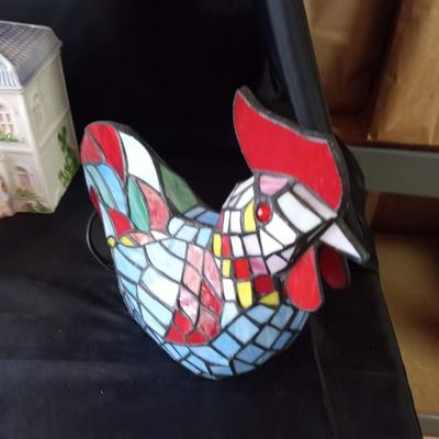 STAINED GLASS ROOSTER LAMP AND 3 HOUSE CANISTERS