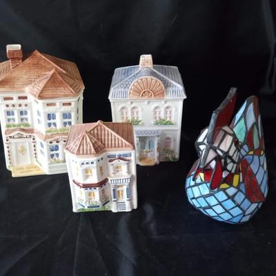 STAINED GLASS ROOSTER LAMP AND 3 HOUSE CANISTERS