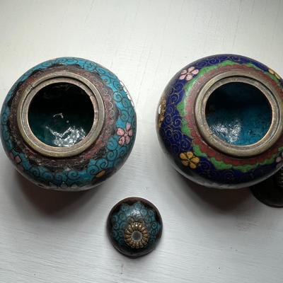 Two CloisonnÃ© Enameled Footed/Lidded Small Jars & Bowl (2K-RG)