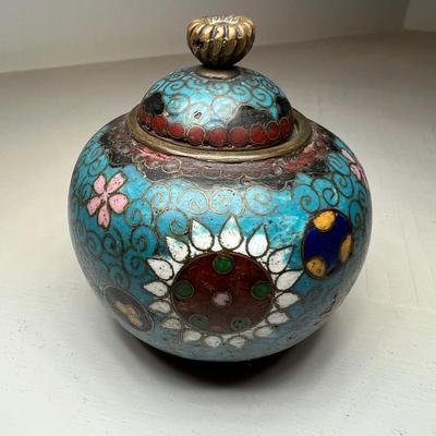 Two Cloisonné Enameled Footed/Lidded Small Jars & Bowl (2K-RG)