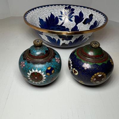 Two CloisonnÃ© Enameled Footed/Lidded Small Jars & Bowl (2K-RG)