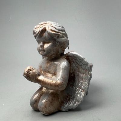 Small Silver Painted with Faux Patina Angel Kneeling Praying Miniature Candle Holder