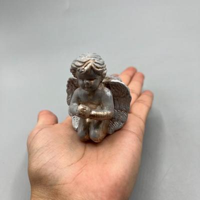 Small Silver Painted with Faux Patina Angel Kneeling Praying Miniature Candle Holder