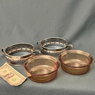 CORNING AMBER GLASS BOWLS IN CHROME HOLDERS