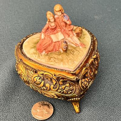 ORNATE BRASS, BISQUE HEART SHAPED JEWELRY BOX