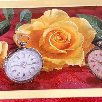 VINTAGE CANDY TIN ROSES AND WATCHES PHOTO MOTIF ON LID