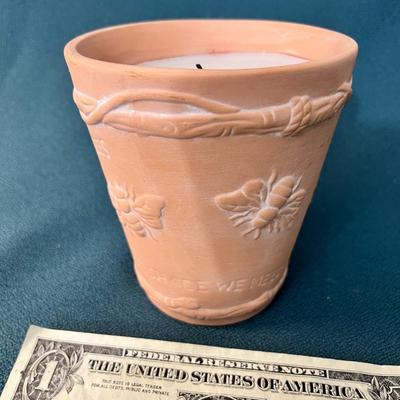 TERRA COTTA POT BEE MOTIF w/CANDLE RAISED RELIEF BEES