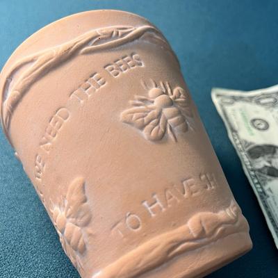 TERRA COTTA POT BEE MOTIF w/CANDLE RAISED RELIEF BEES