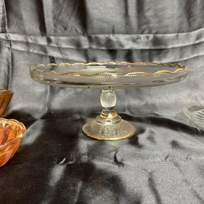 CAKE PLATE, AMBER GLASSWARE & RED DISH W/HANDLE