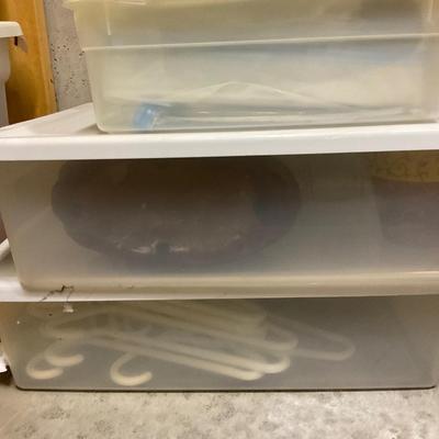 Three Storage Totes With Storage Jars, Hangers And Space Bags.