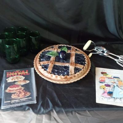 6 GREEN GLASSES, HAND BEATER, PIE PAN AND 2 PAMPHLETS