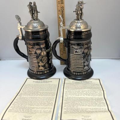 2 Limited Edition Vietnam War Memorial Beer Steins with Figural tops 1959-1975 w/COA made in Germany