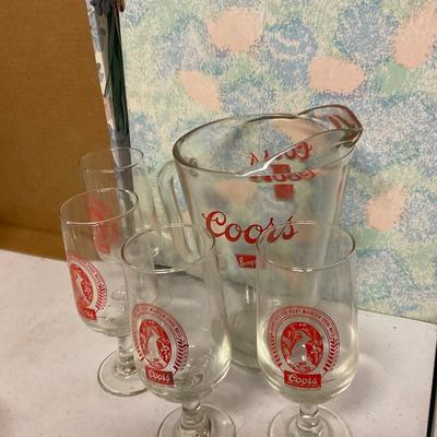 Coors Pitcher And 4 Footed Stemed Glasses