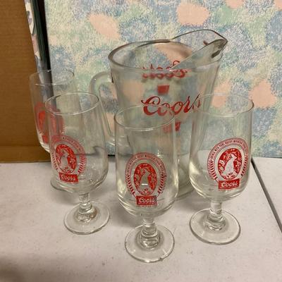 Coors Pitcher And 4 Footed Stemed Glasses