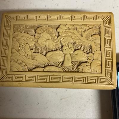 Antique Chinese Carved White Cinnebar Box with Lid