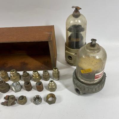 Lot of 3 Vintage Fuel Filter Lubricators Separators with Wood Box of Brass Fittings and Assorted Hardware