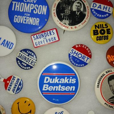 POLITICAL PINS IN CASE AND SHIRLEY TEMPLE AMERICAN DOLL