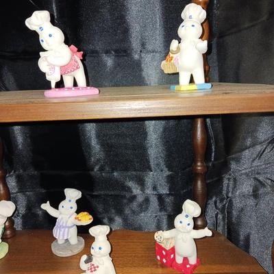 SOLID WALNUT SHELVING AND SMALL DOUGH BOY FIGURINES