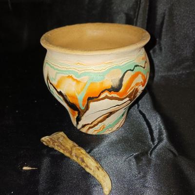 WOODEN BOX AND COLORFUL NATIVE CLAY VASE