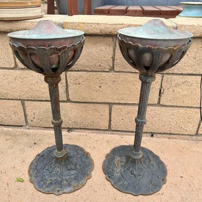 Pair of Vintage Mid Century Cast Metal Torchiere Floor Oil Lamps