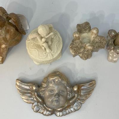 Lot of Cherub Angel Decor Ceramic Lidded Trinket Dish, Plaster Candle Holder, Wall Hanging Plaque & More