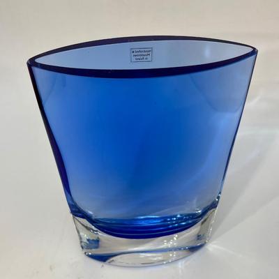 Modern Art Glass Cobalt Blue Vase Handcrafted & Mouth Blown in Poland Wide Vase