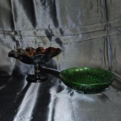 CARNIVAL GLASS DISH AND LIGHT GREEN CANDY DISH