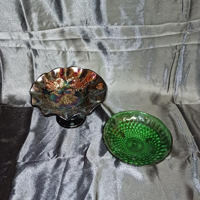 CARNIVAL GLASS DISH AND LIGHT GREEN CANDY DISH