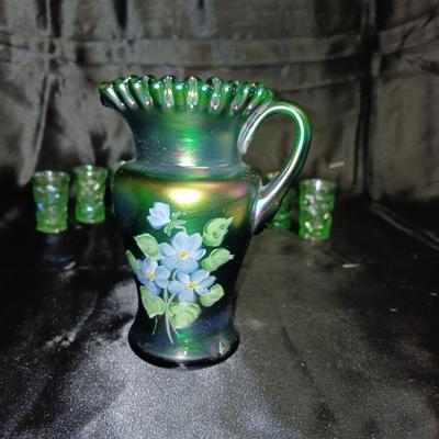 HAND PAINTED GREEN PITCHER AND SIX DRINKING GLASSES