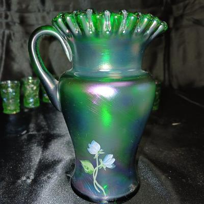 HAND PAINTED GREEN PITCHER AND SIX DRINKING GLASSES